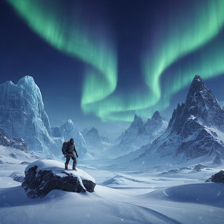 Auroră verde peste munți arctici și un explorator lângă o stâncă acoperită de zăpadă