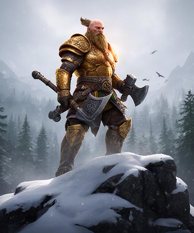Războinic viking Bjorn pe o stâncă înzăpezită, cu armură aurie și pădure nordică în fundal