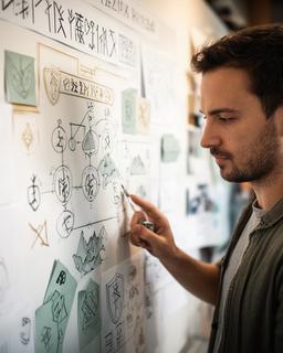 Game designer studiind o tablă cu rune antice și hărți de nivel pentru un joc mobil
