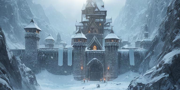 Scenă RPG 3D cu fortăreață nordică acoperită de zăpadă