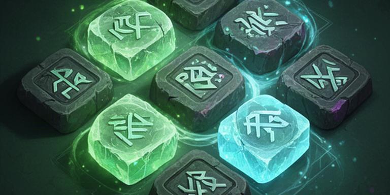 Interfață de puzzle mobil cu rune antice luminoase pe fundal verde rece