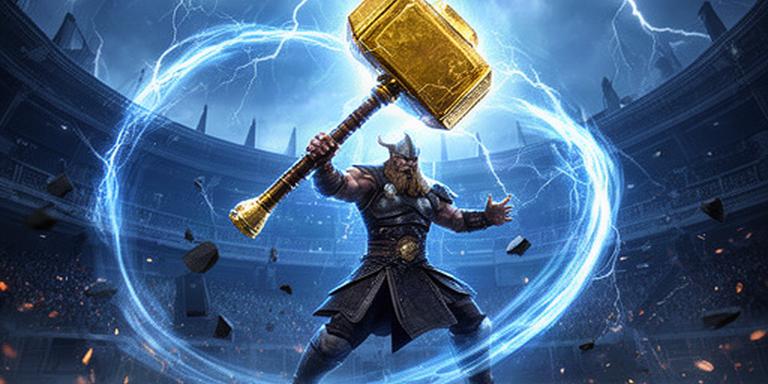 Erou viking cu ciocan auriu într-o arenă albastră cu fulgere