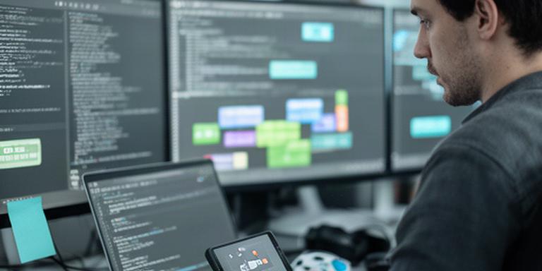 Dezvoltator principal analizând cod și prototip de joc mobil într-un birou modern