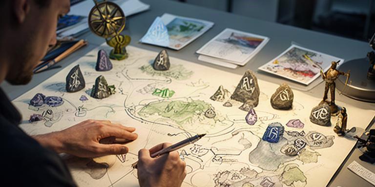 Designer de jocuri lucrând la o hartă cu rune antice și obiective de aventură