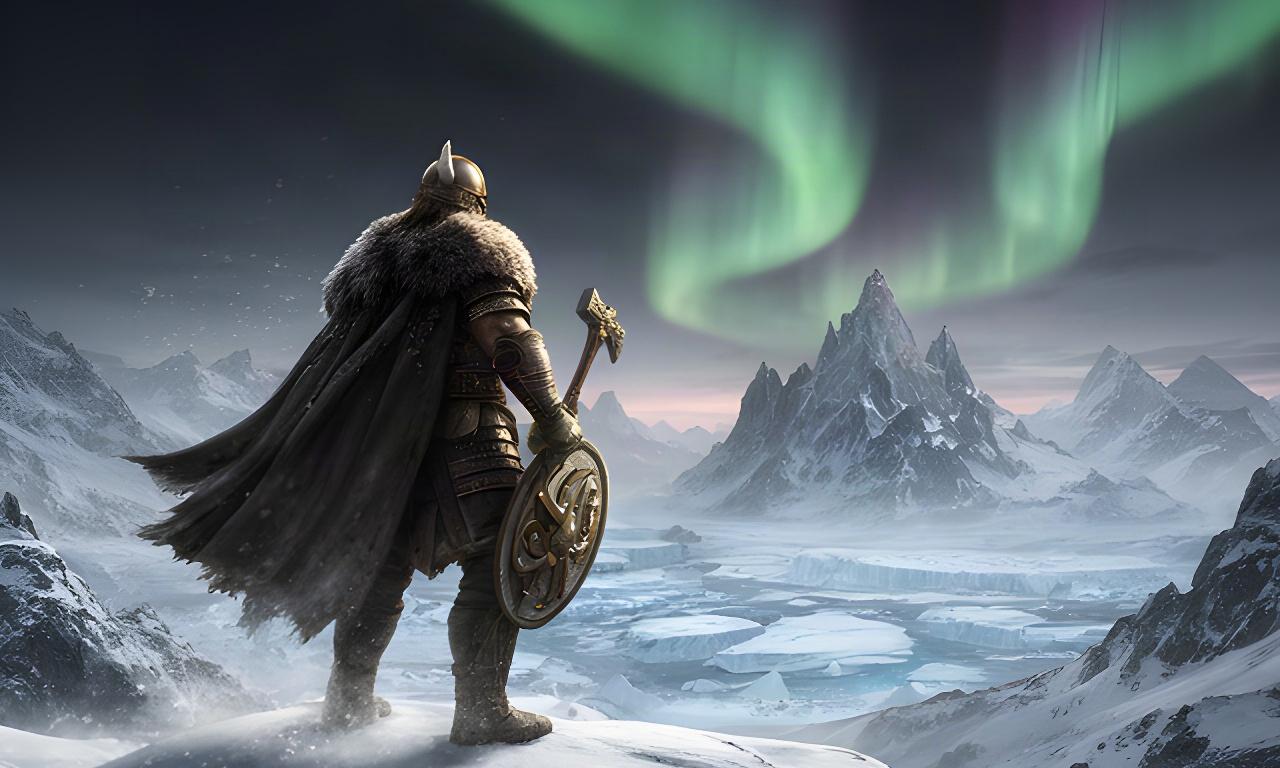 Erou viking pe un platou de munte înzăpezit, sub o auroră boreală verde și violetă